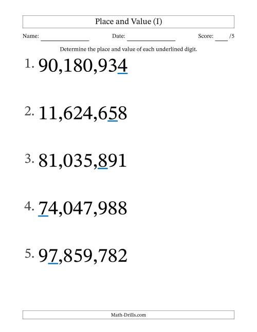 The Determining Place and Value from Ones to Ten Millions (Large Print) (I) Math Worksheet