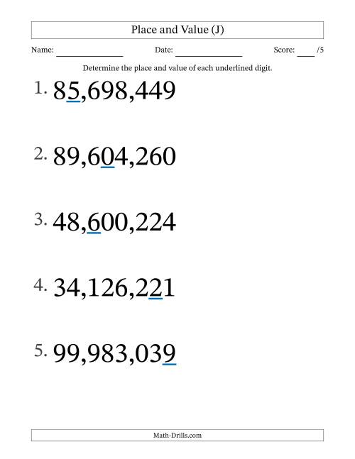 The Determining Place and Value from Ones to Ten Millions (Large Print) (J) Math Worksheet