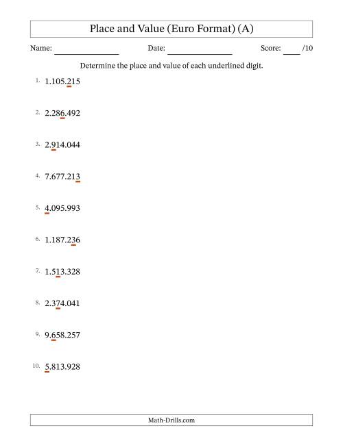 The Euro Format Determining Place and Value from Ones to Millions (A) Math Worksheet