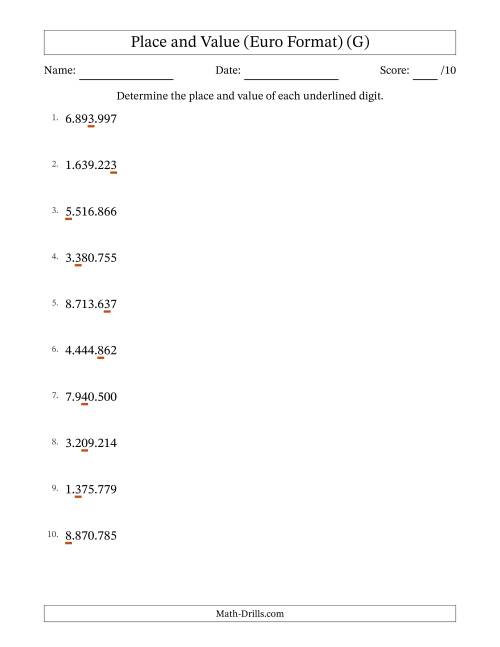 The Euro Format Determining Place and Value from Ones to Millions (G) Math Worksheet