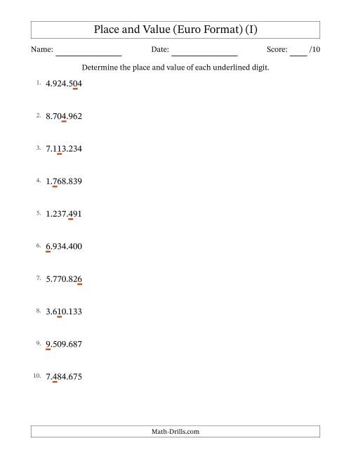 The Euro Format Determining Place and Value from Ones to Millions (I) Math Worksheet