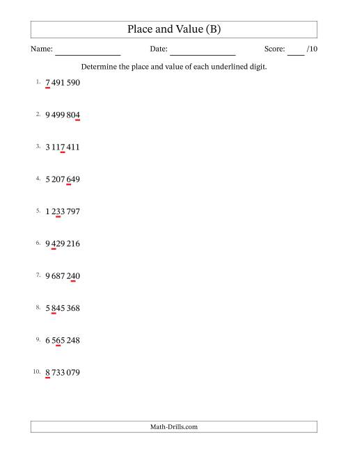 The SI Format Determining Place and Value from Ones to Millions (B) Math Worksheet