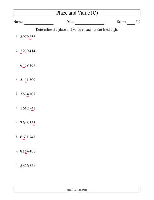 The SI Format Determining Place and Value from Ones to Millions (C) Math Worksheet