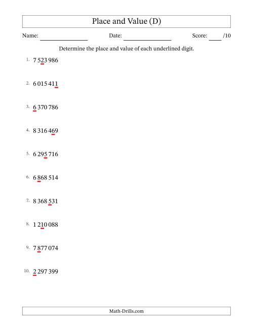 The SI Format Determining Place and Value from Ones to Millions (D) Math Worksheet