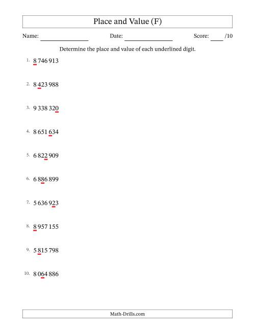 The SI Format Determining Place and Value from Ones to Millions (F) Math Worksheet