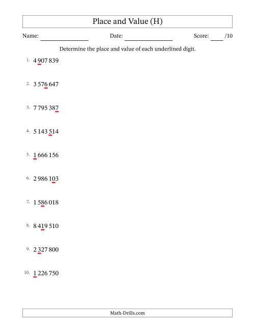 The SI Format Determining Place and Value from Ones to Millions (H) Math Worksheet