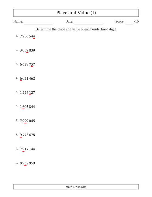 The SI Format Determining Place and Value from Ones to Millions (I) Math Worksheet