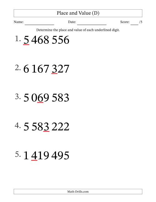 The SI Format Determining Place and Value from Ones to Millions (Large Print) (D) Math Worksheet