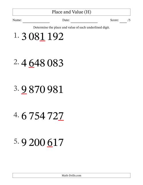The SI Format Determining Place and Value from Ones to Millions (Large Print) (H) Math Worksheet