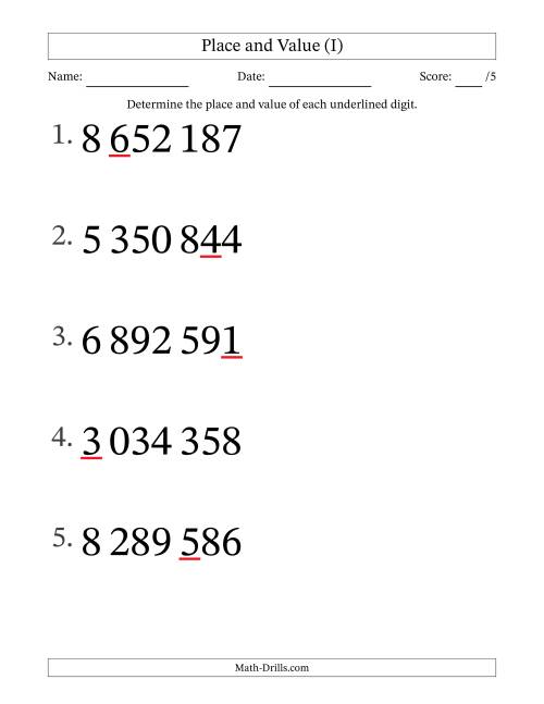 The SI Format Determining Place and Value from Ones to Millions (Large Print) (I) Math Worksheet