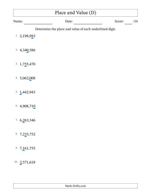 The Determining Place and Value from Ones to Millions (D) Math Worksheet