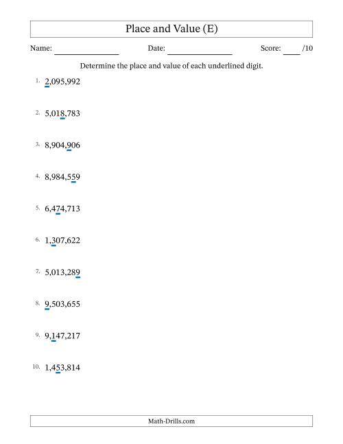 The Determining Place and Value from Ones to Millions (E) Math Worksheet
