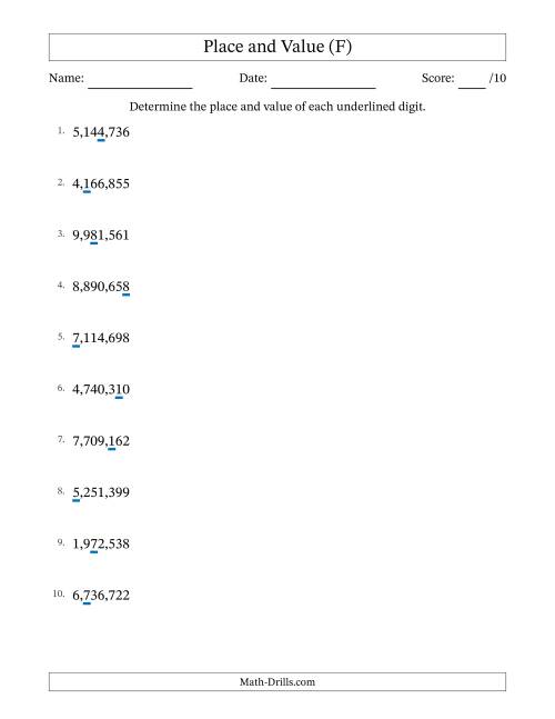 The Determining Place and Value from Ones to Millions (F) Math Worksheet