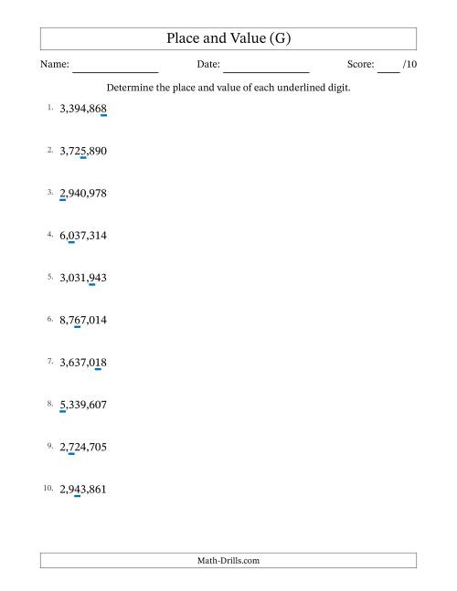 The Determining Place and Value from Ones to Millions (G) Math Worksheet