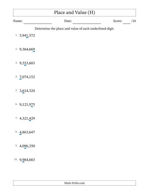 The Determining Place and Value from Ones to Millions (H) Math Worksheet