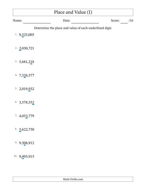 The Determining Place and Value from Ones to Millions (I) Math Worksheet
