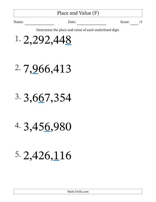The Determining Place and Value from Ones to Millions (Large Print) (F) Math Worksheet