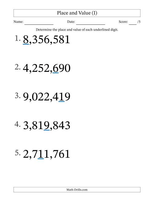 The Determining Place and Value from Ones to Millions (Large Print) (I) Math Worksheet