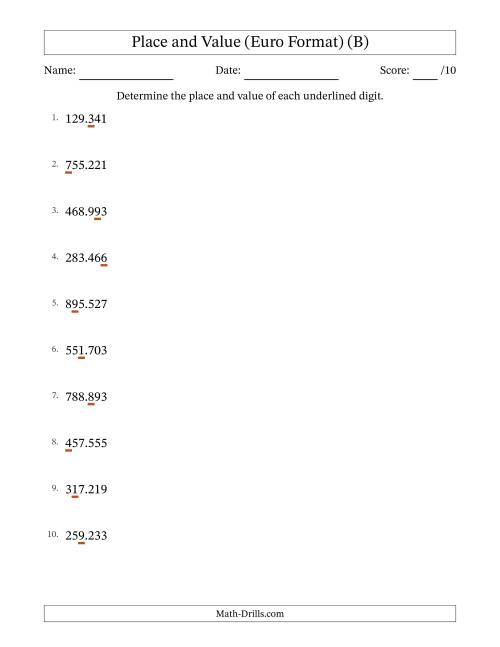 The Euro Format Determining Place and Value from Ones to Hundred Thousands (B) Math Worksheet