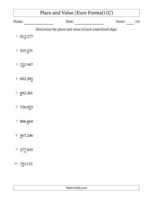 The Euro Format Determining Place and Value from Ones to Hundred Thousands (C) Math Worksheet