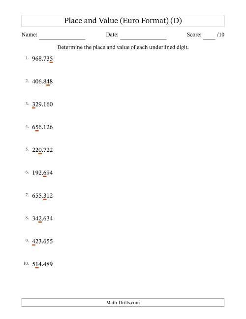 The Euro Format Determining Place and Value from Ones to Hundred Thousands (D) Math Worksheet