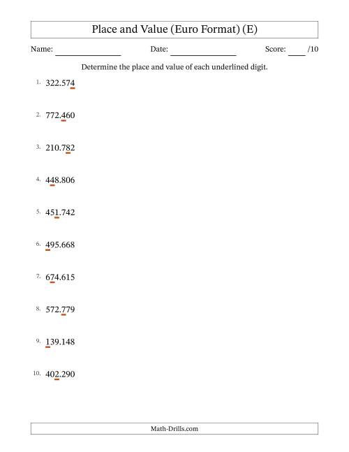 The Euro Format Determining Place and Value from Ones to Hundred Thousands (E) Math Worksheet