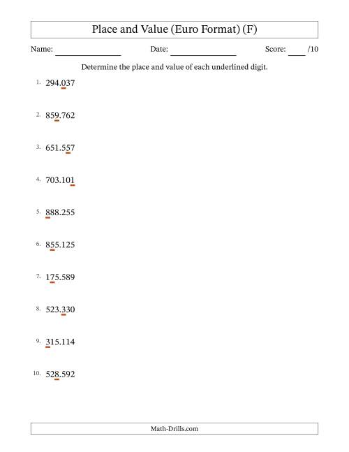 The Euro Format Determining Place and Value from Ones to Hundred Thousands (F) Math Worksheet