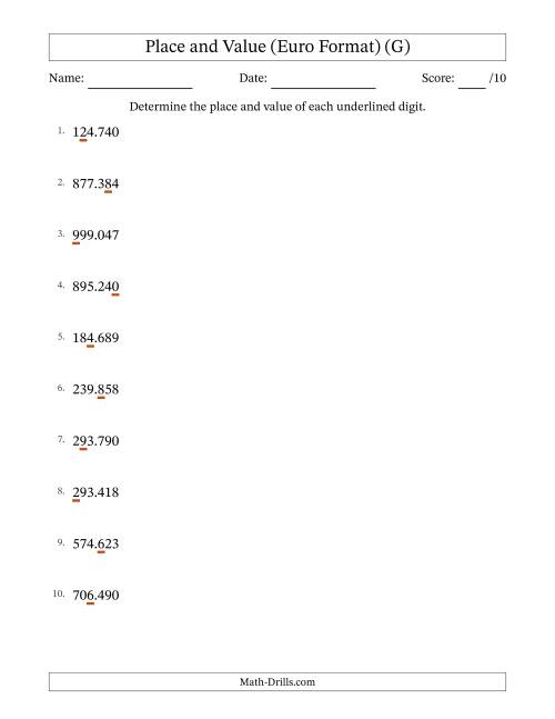 The Euro Format Determining Place and Value from Ones to Hundred Thousands (G) Math Worksheet