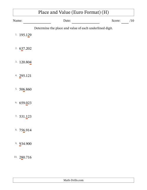 The Euro Format Determining Place and Value from Ones to Hundred Thousands (H) Math Worksheet