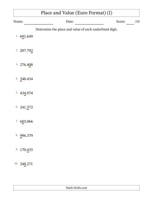 The Euro Format Determining Place and Value from Ones to Hundred Thousands (I) Math Worksheet