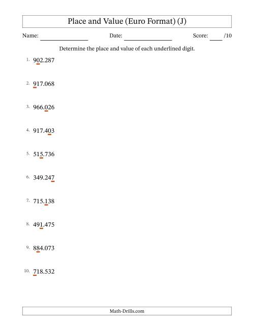 The Euro Format Determining Place and Value from Ones to Hundred Thousands (J) Math Worksheet