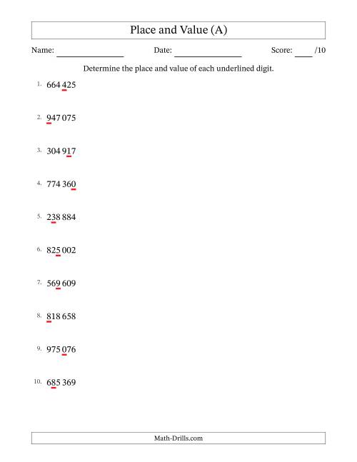 The SI Format Determining Place and Value from Ones to Hundred Thousands (A) Math Worksheet