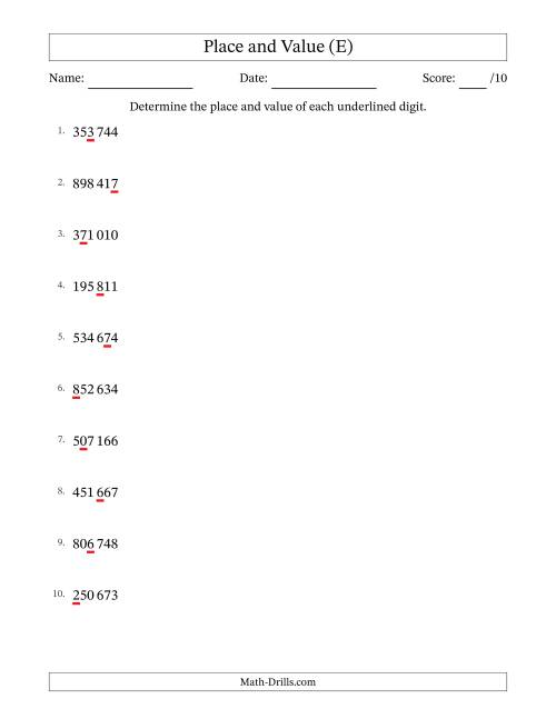 The SI Format Determining Place and Value from Ones to Hundred Thousands (E) Math Worksheet