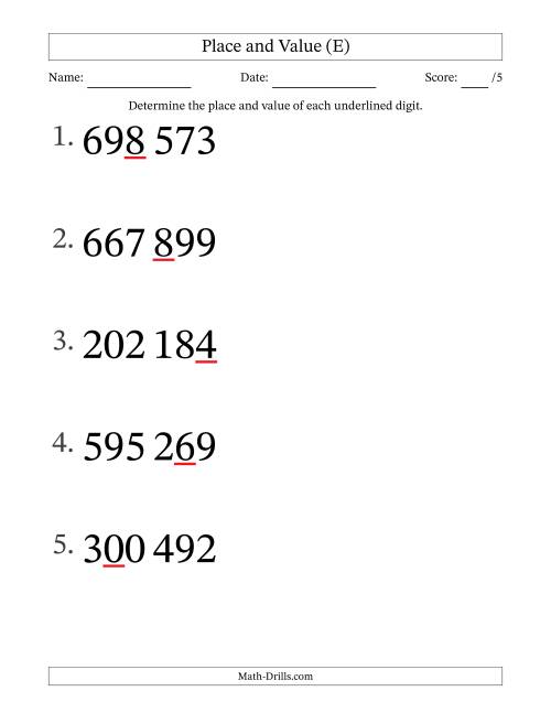 The SI Format Determining Place and Value from Ones to Hundred Thousands (Large Print) (E) Math Worksheet