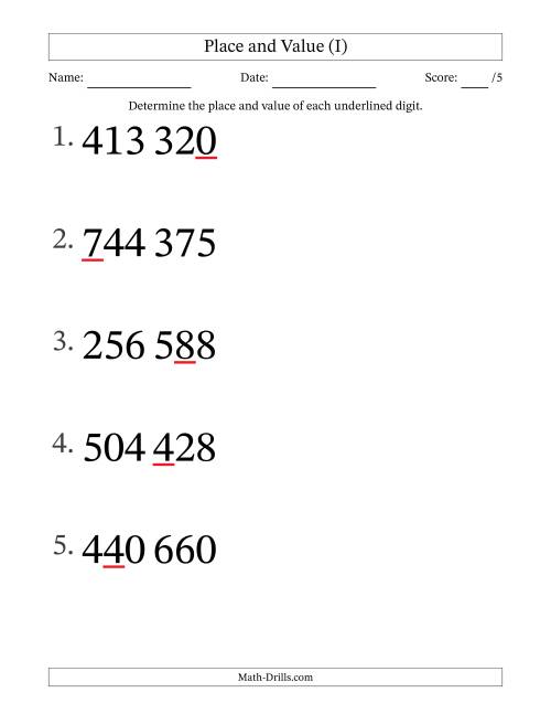 The SI Format Determining Place and Value from Ones to Hundred Thousands (Large Print) (I) Math Worksheet