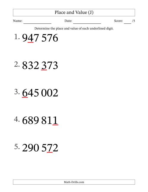 The SI Format Determining Place and Value from Ones to Hundred Thousands (Large Print) (J) Math Worksheet