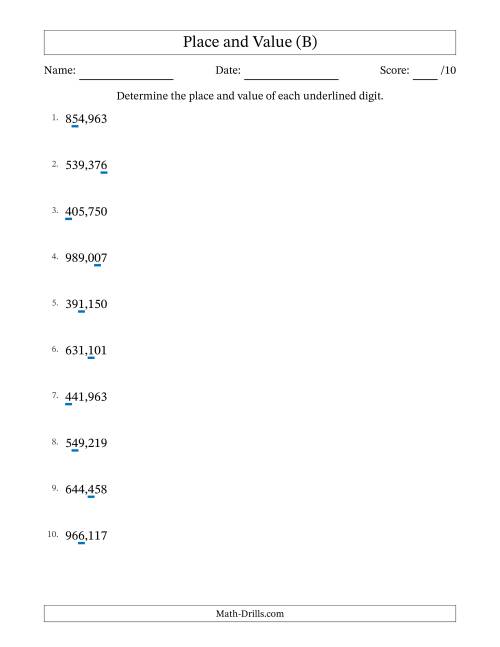 The Determining Place and Value from Ones to Hundred Thousands (B) Math Worksheet