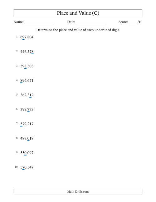 The Determining Place and Value from Ones to Hundred Thousands (C) Math Worksheet