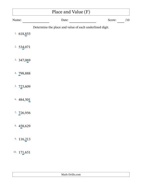 The Determining Place and Value from Ones to Hundred Thousands (F) Math Worksheet