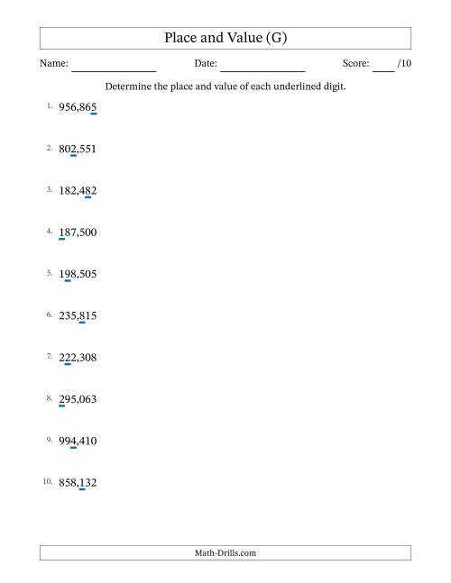 The Determining Place and Value from Ones to Hundred Thousands (G) Math Worksheet