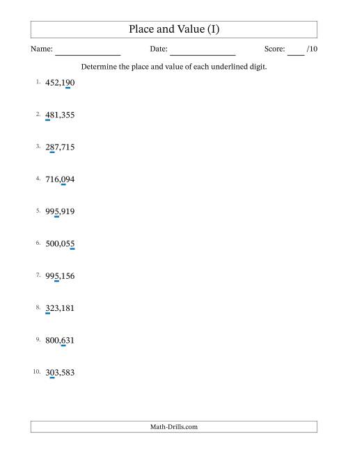 The Determining Place and Value from Ones to Hundred Thousands (I) Math Worksheet