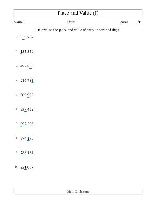 The Determining Place and Value from Ones to Hundred Thousands (J) Math Worksheet