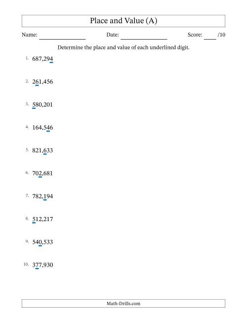 The Determining Place and Value from Ones to Hundred Thousands (All) Math Worksheet