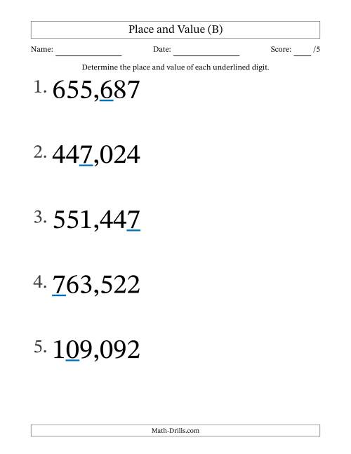 The Determining Place and Value from Ones to Hundred Thousands (Large Print) (B) Math Worksheet