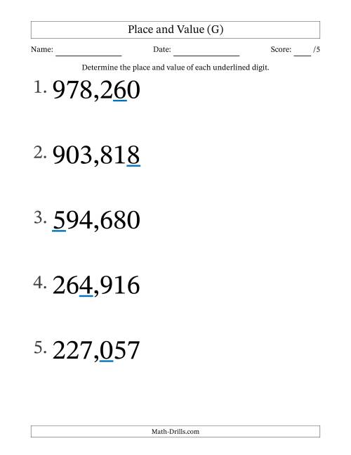 The Determining Place and Value from Ones to Hundred Thousands (Large Print) (G) Math Worksheet