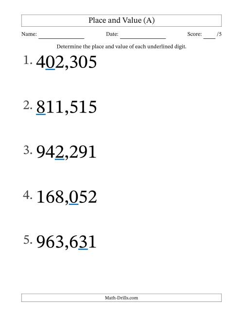 The Determining Place and Value from Ones to Hundred Thousands (Large Print) (All) Math Worksheet