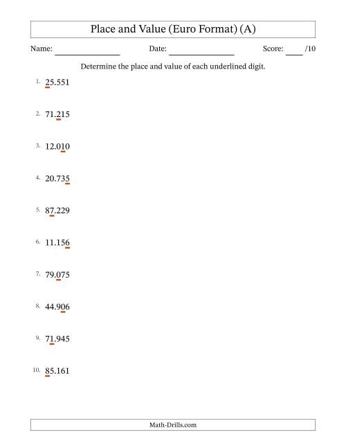 The Euro Format Determining Place and Value from Ones to Ten Thousands (A) Math Worksheet