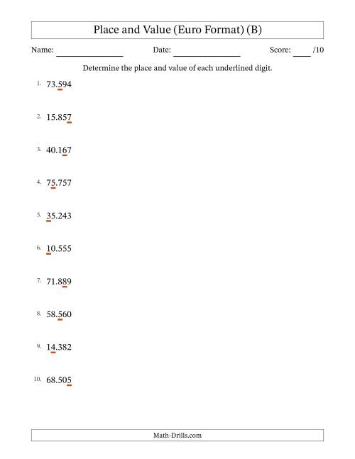 The Euro Format Determining Place and Value from Ones to Ten Thousands (B) Math Worksheet