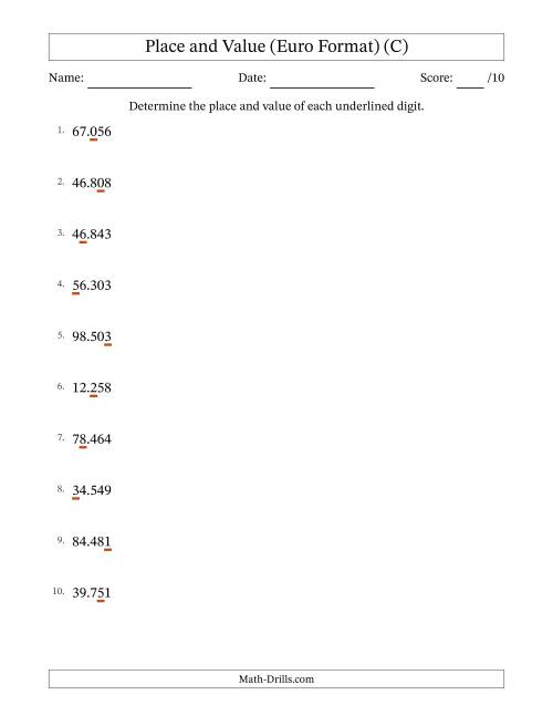 The Euro Format Determining Place and Value from Ones to Ten Thousands (C) Math Worksheet