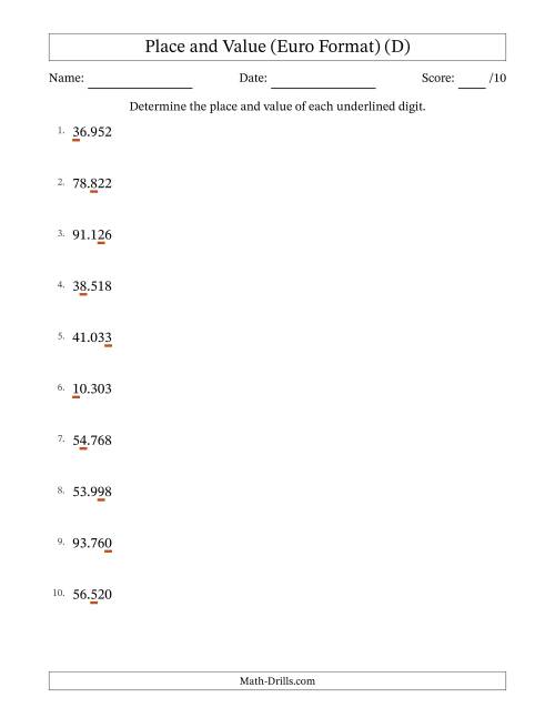 The Euro Format Determining Place and Value from Ones to Ten Thousands (D) Math Worksheet